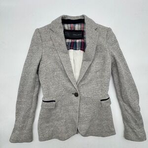ZARA‎ BASIC Women Grey Tweed Blazer Jacket Elbow Patches Size XS